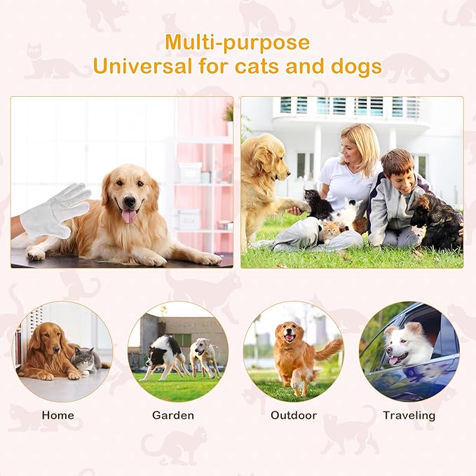 Pet Grooming Glove - Gentle Deshedding Brush Glove, Pet Bathing Wipes - Enhanced Five Finger Design - Daily Care and Traveling - Perfect for Dog & Cat with Long & Short Fur (5pcs/1-Kit)