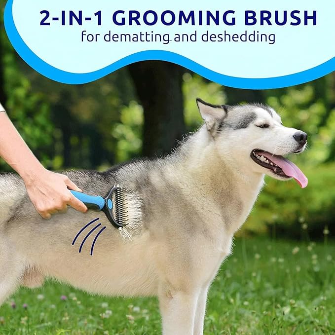 Pet Dog and Cat Deshedding Brush Grooming Tool Fur Removal - Double Sided Undercoat Rake Shedding Comb Mat Remover Deshedder Safe Detangler for Matted Hair/Fur, Blue