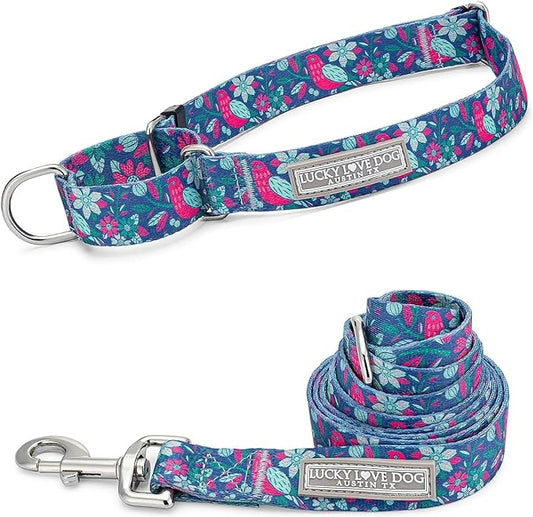 Lucky Love Dog, Whimsical Bird Martingale Dog Collar and Leash Set, Vivid Pink, Mint, Blue Flowers Large No Slip Dog Collar - (L, Carriebelle Mart - Combo)