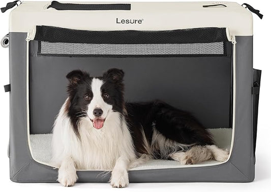 Lesure Collapsible Travel Dog Crate for Small Dogs, Portable Soft Dog Crate for Outdoor & Indoor, Folding Fabric Dog Kennel with Handle, 36 Inch Heavy Duty Pet Carrier (Grey)
