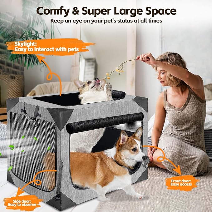 Dog Crate 30x21x21 Inch for Large or Medium Dogs, Portable and Foldable Design Perfect for Travel or Home Use, Dog Kennel with 3-Door (Light Grey, 36 * 25 * 25)