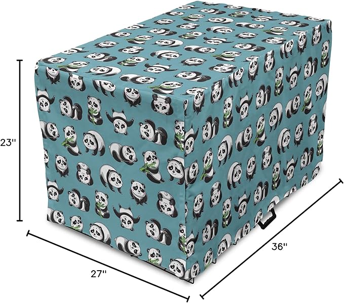 Lunarable Panda Dog Crate Cover, Cartoon Style Pandas Eating Branches Bear Poses in Sleeping and Rolling, Easy to Use Pet Kennel Cover for Medium Large Dogs, 36 Inch, Petrol Blue and Black
