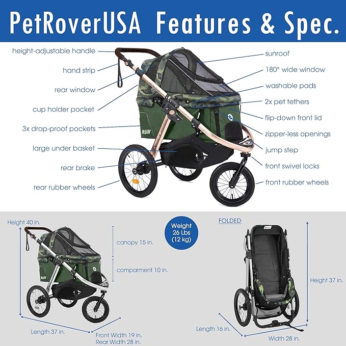 HPZ Pet Rover Run Performance Jogging Sports Stroller with Comfort Rubber Wheels/Zipper-Less Entry/1-Hand Quick Fold/Aluminum Frame for Small/Medium Dogs, Cats and Pets (Green Camo)