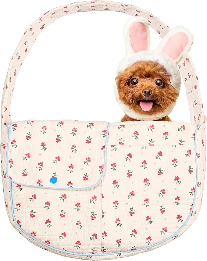 Flower Pet Sling Carrier for Small Dogs and Cats, Breathable Cotton Cats Carrier Purse,Floral Print Puppy Carrier Bag 3-10 Lbs, Hand Free Travel Chest Dog Purse, Gifts for Dog Mom Girls(White, Small