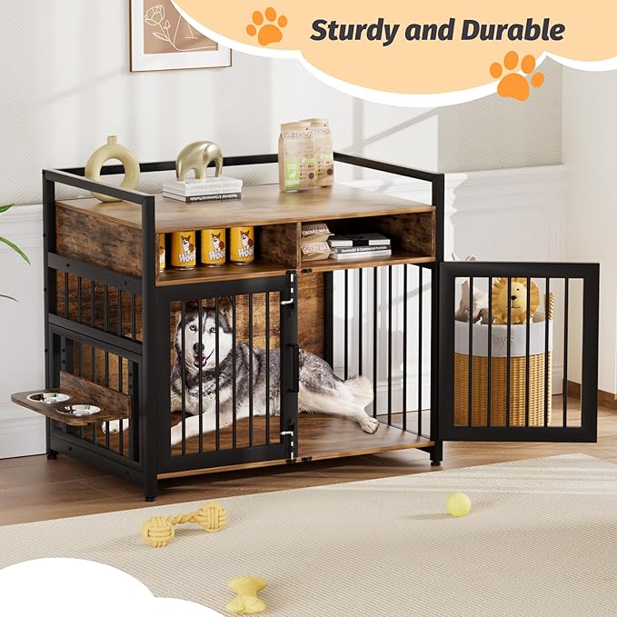IDEALHOUSE Dog Crate Furniture, 48 Inch Dog Cage with 2 Open Storage Shelves, Wooden Dog Kennel with Adjustable Raised Feeders, Indoor Heavy Duty Metal End Table Dog Crate for Large Medium Dogs
