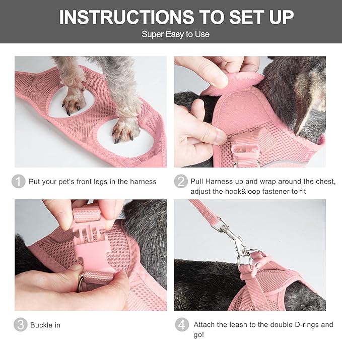 Fida Comfy Dog Harness with Leash, Soft Puppy Vest Escape Proof, Breathable Lightweight Soft Mesh, Adjustable Reflective Step-in Harness for Small Pet Walking (S, Pink)