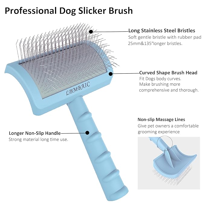 Slicker Brush for Poodles and Goldendoodles - Curved Brush for Thick, Fluffy, Shedding Fur on Dogs and Cats - Soft, Gentle Pins for Grooming (Blue)