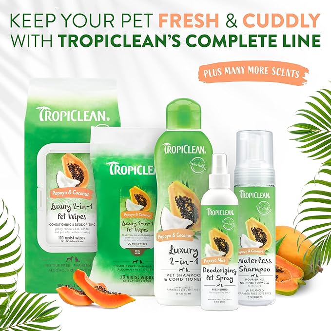 TropiClean Dog Perfume, Long Lasting Papaya Cologne, Deodorizing Spray for Smelly Dogs, After Bath Detangling Spray with Vitamin E, Safe for Cats, 8oz.