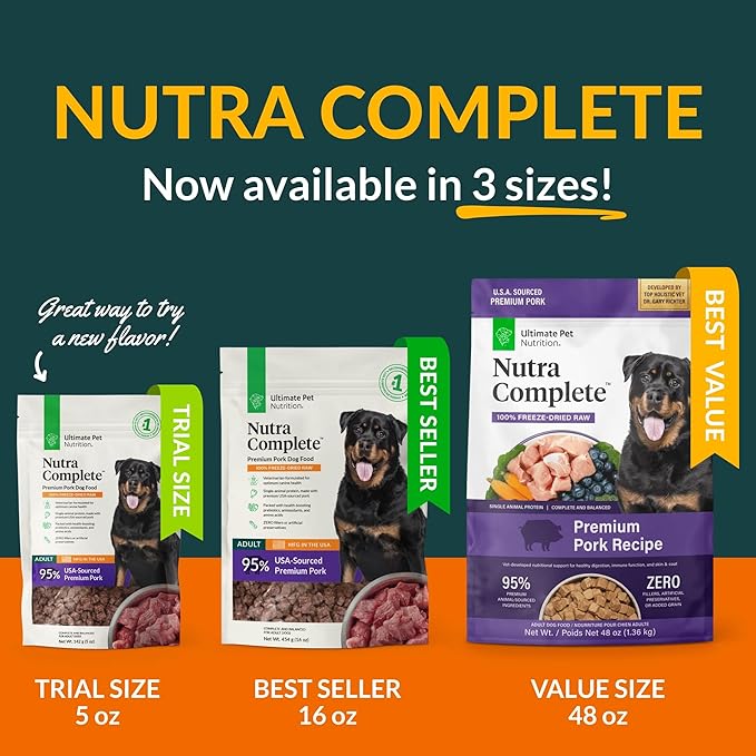 ULTIMATE PET NUTRITION Nutra Complete Raw Freeze Dried Dog Food, Veterinarian Formulated with Antioxidants, Prebiotics & Amino Acids (3 Pound, Pork)