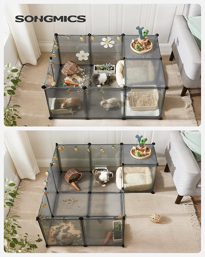 SONGMICS 20 Panels Pet Playpen with Floor, Small Animal Playpen, Pet Fence Indoor, DIY Plastic Enclosure for Guinea Pigs, Bunny, Hamsters, Hedgehogs, 56.3 x 28.7 x 18.1 Inches, Gray ULPC002G01