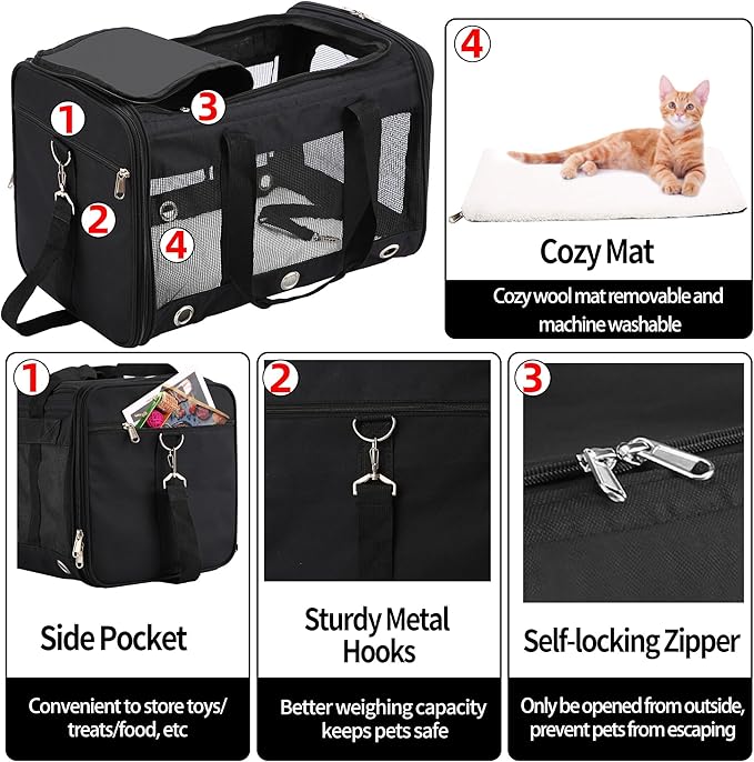 Soft Sided Cat/Dog Carrier,Collapsible Mesh Pets Travel Carriers for Pet/Puppy with Shoulder Strap & Removable Mat,Top Load Small Dogs/Cats Carry Bag Up to 25 Lbs(Black - L)