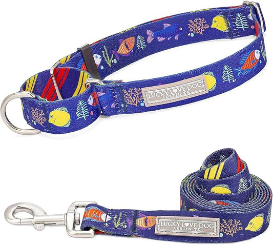 Lucky Love Dog Tropical Fish Pattern Martingale Collar and Leash Set, Summer Themed No Slip Collars for Large Dogs, Great for Whippets, Greyhounds, and More (Mackey, Large - Combo)