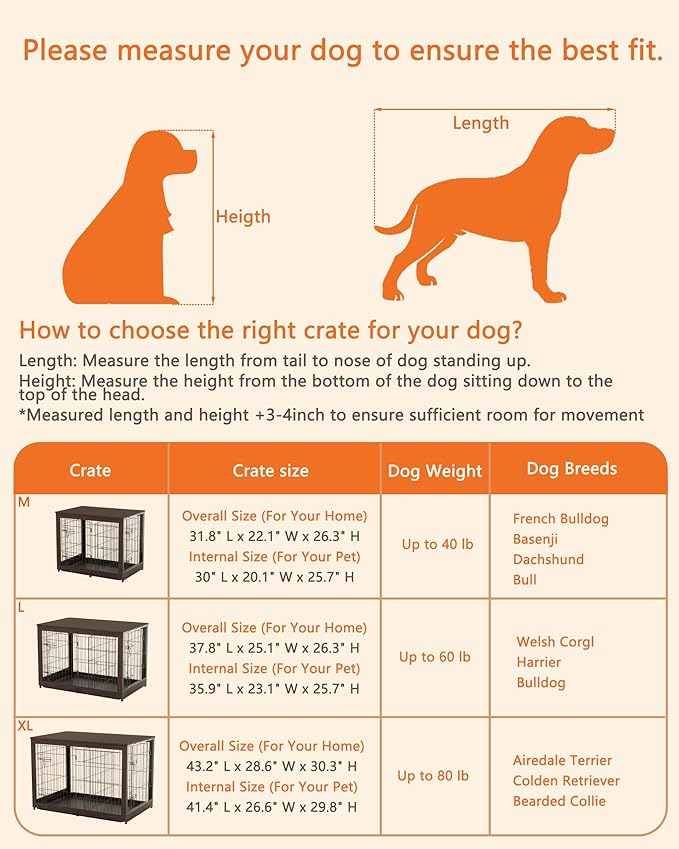 Piskyet Wooden Dog Crate Furniture with Divider Panel, Dog Crate End Table with Fixable Slide Tray, Double Doors Dog Kennel Indoor for Dogs(XL:43.2" L * 28.6" W * 30.3" H,Brown Walnut)