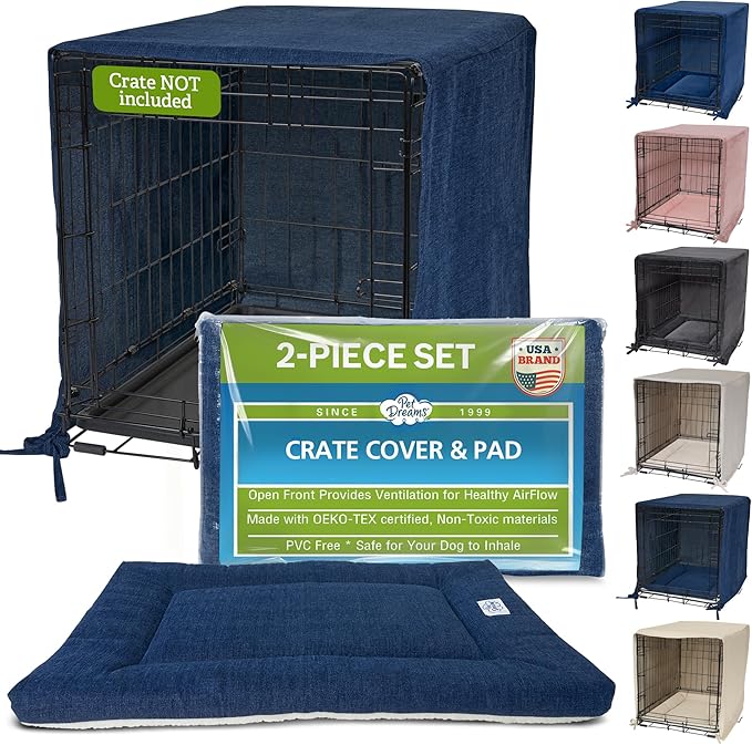 Pet Dreams Dog Crate Cover & Mat- Breathable Non-Toxic Kennel Topper for Single-Door Crates, Fits iCrate Dog Cages 18, 24, 30, 36, 42, 48 Inches (Denim, Medium, 30โ)