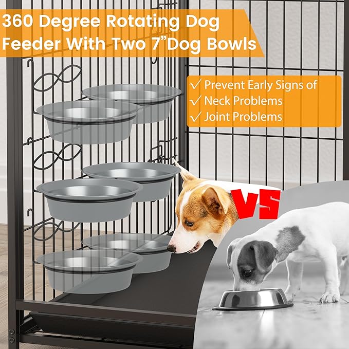 Furniture Style Dog Crate - Adjustable Feeder with Elevated Bowls, Dog Kennel Furniture with -up Top, Multifunctional Dog House End Table, Versatile Dog Cage with Storage, Brown