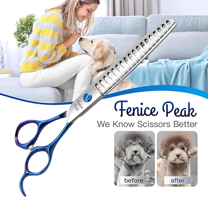 Fenice Peak Grooming Scissors for Dogs 7 inch Chunker Pet Grooming Scissors Ergonomically Designed Blue Handles Ideal Dog Shears for Precise Trimming Easy Use.