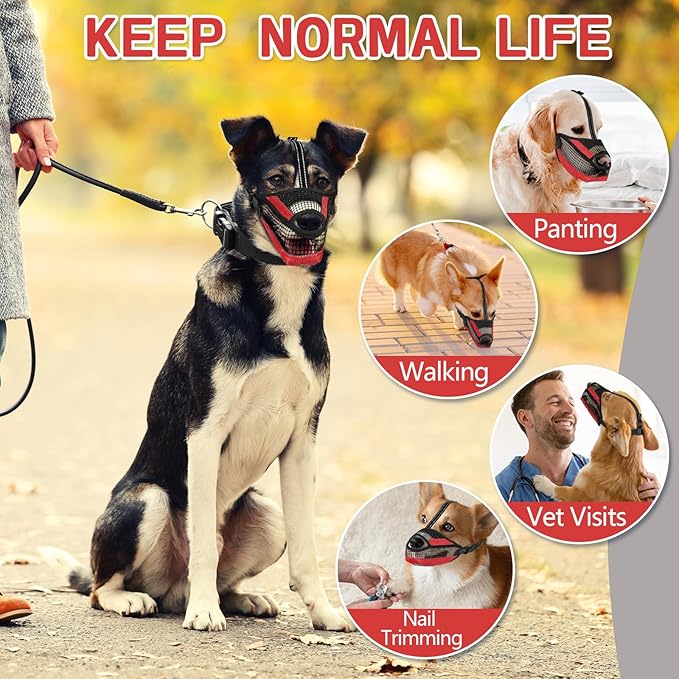 Dog Muzzle for Large Medium Small Dogs, Soft Mesh Muzzle for Dogs with Reflective Adjustable Strap, Prevent Biting Chewing and Licking, Dog Nose Open Design for Reduction Friction (Red, M)