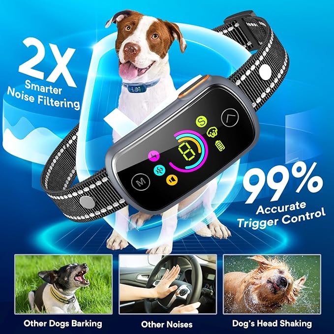 Dog Bark Collar, 2 Pack Customizable Bark Collar for Large Medium Dogs, Smart Stop Barking Training Collar with Adjustable Beep Vibratioin Shock and Sensitivity with Replacement Strap,Grey