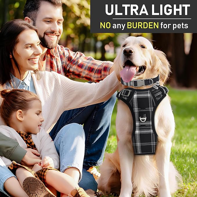 GAMUDA Dog Harness Collar and Leash Set, Horse Care Sheets, No Chock No Pull Adjustable Vest Harnesses Plaid Reflective for Medium Dog, Cat, Small Horse, Small Bull and Pig (Black, S)