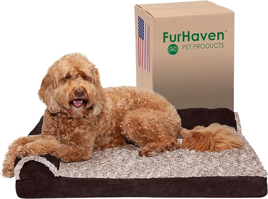 Furhaven Orthopedic Dog Bed for Large/Medium Dogs w/ Removable Bolsters & Washable Cover, For Dogs Up to 55 lbs - Two-Tone Plush Faux Fur & Suede L Shaped Chaise - Espresso, Large
