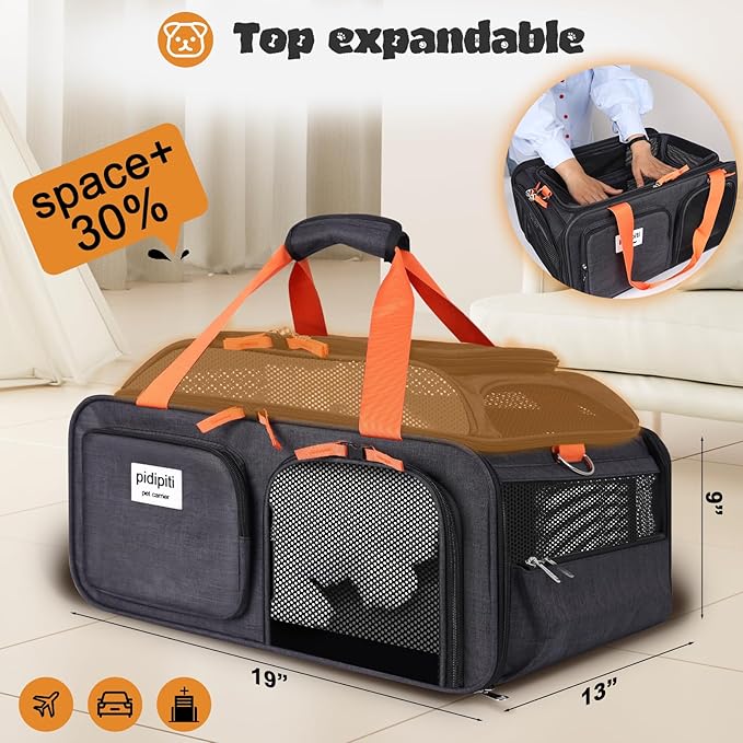 19x13x9 TSA Approved top Expandable pet Carrier for Small Dog Under 13 lbs,Medium cat Under 15 lbs,for Southwest Allegiant Spirit and Other Airlines only Have 9'' or 9.5'' Height Space
