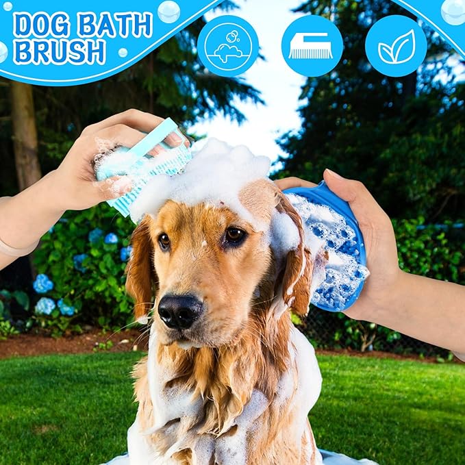 VIWIK 3PCS Dog Grooming Brush Set (Blue) - Scrubber with Adjustable Ring Handle for Bathing and Massaging Long/Short Haired Dogs and Cats, Christmas Gifts