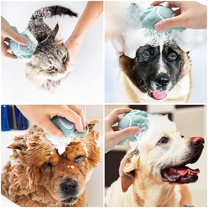 Molain Pet Grooming Brush, Silicone Rubber Dog Bath Brush Comb, Soft Silicone Puppy Massage Brush Hair Fur Grooming Cleaning Brush with Shampoo Dispenser, Blue