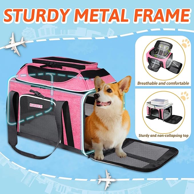 Petskd Top-Expandable Pet Carrier 18x13x9.5 Inches Southwest Allegiant Airline Approved, Soft-Sided Carrier for Small Cats and Dogs with Locking Safety Zippers and Anti-Scratch Mesh(Pink)