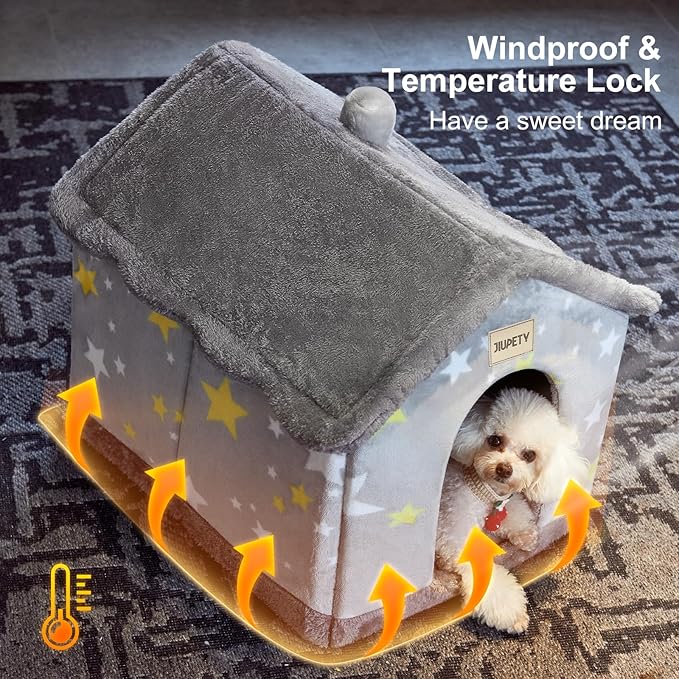 JIUPETY Cute Small Dog House Indoor, Foldable House Kennel Bed Mat with Cushion, L Size Dog Tent Up to 25 lbs, Dog Cave Bed with Non-Slip Bottom, Grey