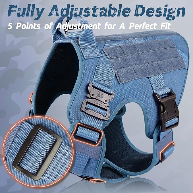 rabbitgoo Tactical Dog Harness for Large Dogs, Heavy Duty Dog Harness with Handle, No-Pull Service Dog Vest Large Breed, Adjustable Military Dog Vest Harness for Training Hunting Walking, Blue, L