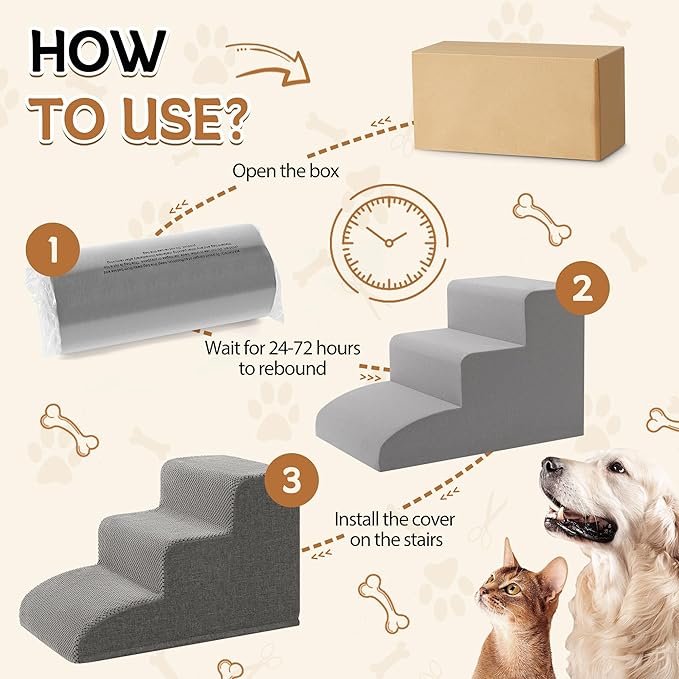 High Density Foam Dog Stairs Ramp for Beds Couches, Romrol 15.7" H Pet Steps with Durable Non-Slip Waterproof Fabric Cover, Dog Slope Stairs Friendly to Small Dogs and Cats or Pets Joints