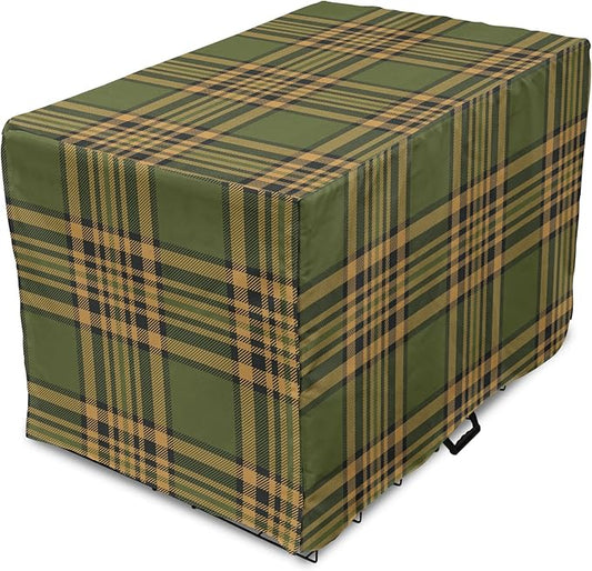Lunarable Plaid Dog Crate Cover, Tartan Pattern in Autumn Tones Old Fashioned Design Country Illustration, Easy to Use Pet Kennel Cover for Medium Large Dogs, 36 Inch, Olive Green Mustard