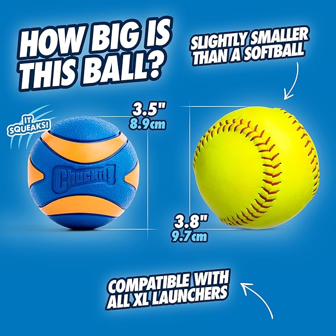 Chuckit Ultra Squeaker Dog Ball - Extra Large Bouncy and Squeaky Pet Toy for Dogs 100+ lbs - Floats on Water - Durable Rubber - Size XL - 3.5" Diameter - Pack of 1