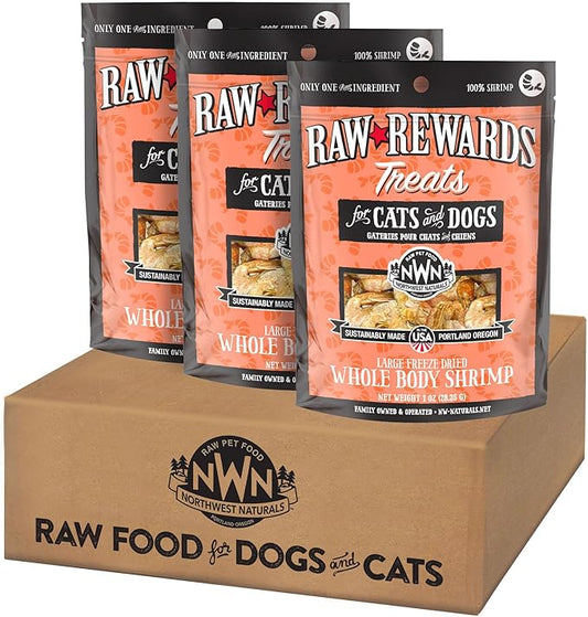 Northwest Naturals Raw Rewards Freeze-Dried Shrimp Treats for Dogs and Cats - Bite-Sized Pieces - Healthy, 1 Ingredient, Human Grade Pet Food, All Natural - 1 Oz (Pack of 3)