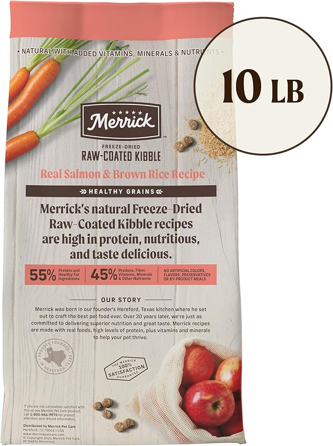 Merrick Healthy Grains Freeze Dried Raw Coated Kibble, Natural High Protein Dog Food, Salmon and Brown Rice - 10.0 lb. Bag