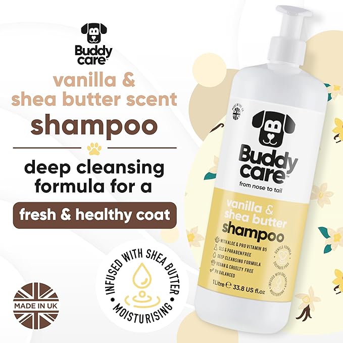 Vanilla & Shea Butter Dog Shampoo by Buddycare | Moisturising Shampoo for Dogs | Vanilla & Shea Butter Scented | with Aloe Vera and Pro Vitamin B5 (33.8oz)