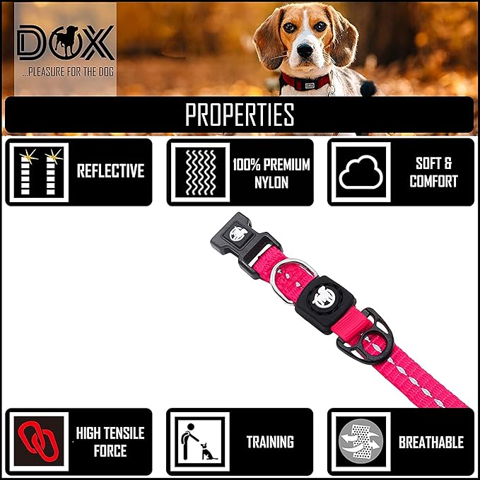 DDOXX Reflective Nylon Dog Collar - Strong and Adjustable Collars Dogs - M (Pink)