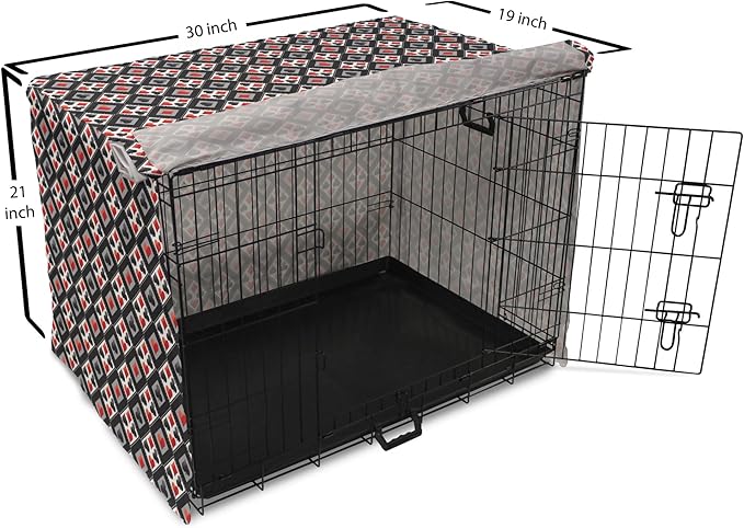 Lunarable Casino Dog Crate Cover, with Geometrical Design and Mosaic Composition Gamblers Club, Easy to Use Pet Kennel Cover for Cats & Medium Dogs, 30 Inch, Black Red Grey