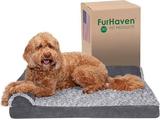 Furhaven Orthopedic Dog Bed for Large/Medium Dogs w/ Removable Bolsters & Washable Cover, For Dogs Up to 55 lbs - Two-Tone Plush Faux Fur & Suede L Shaped Chaise - Stone Gray, Large