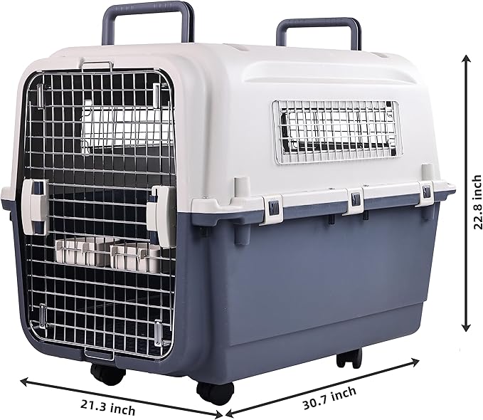 Plastic Kennels Pet Carrier Rolling Plastic Airline Approved Wire Door Travel Dog Crate, Large (30.7" L x 21.3" W x 22.8" H)