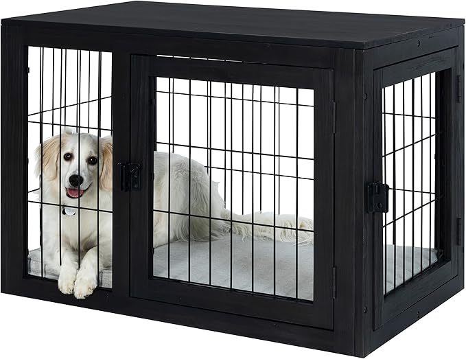 Furniture-Style Dog Crate - Acacia Wood Kennel for Medium Dogs with Double Doors and Cushion - Dog Cage Furniture by PETMAKER (Black)