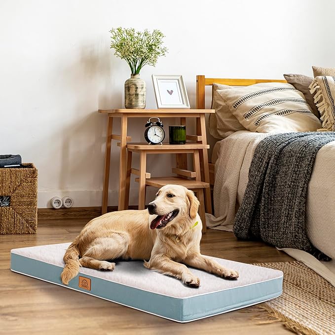Orthopedic Dog Bed for Extra Large Dogs, XXL Waterproof Deluxe Plush Dog Crate Bed with Removable Washable Cover & Anti-Slip Bottom, Egg Crate Foam Pet Bed Mat, 44 x 32 Inches, Blue