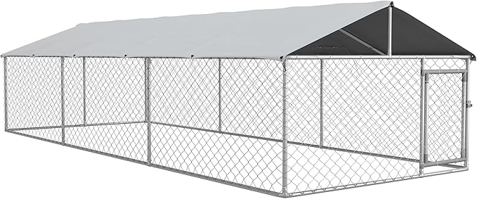 PawHut Large Dog Kennel Outside, Heavy Duty Dog Cage with Waterproof Cover, Outdoor Fence Dog Run with Galvanized Chain Link, Secure Lock, 19.7' x 7.5' x 4.9'