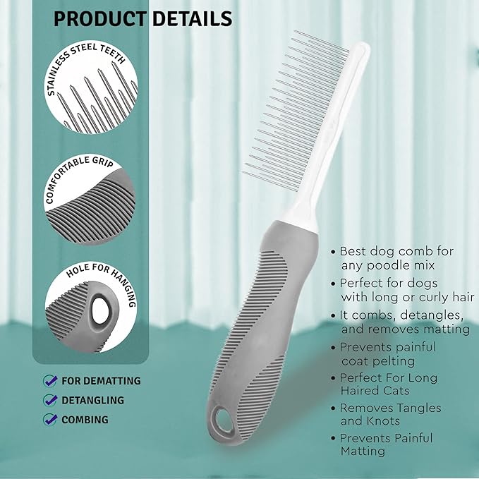 SKYPIA Dog & Cat Combs For Home Grooming Massage Kit – 2-IN-1 Detangler Brush with Massaging Shell Comb For Long & Curly Hair, Removes Knots, Mats and Tangles Pet Hair Remover Soft Dematting and Deshedding For Dog Puppy Rabbit (Blue, 2 Pcs)