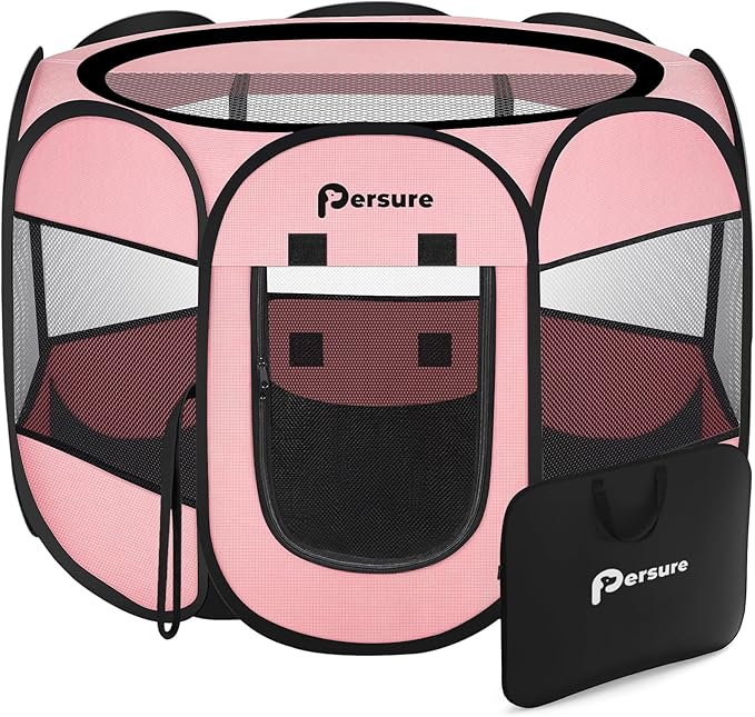 Dog Cat Playpen Indoor Outdoor for Puppy Pet Cat Recovery After Surgery, Dog Tent Crates Cage Indoor/Outdoor, Portable Pop Up Dog Kennel with Carrying Case for Travel (Premium Pink, Large)