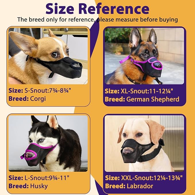 LUCKYPAW Dog Muzzle, Mesh Muzzle for Large Medium Small Dogs with Front Opening Design, Dog Mouth Cover to Prevent Biting, Licking, Chewing, Scavenging, Allows Drinking (L-Snout:9¾-11", Purple)