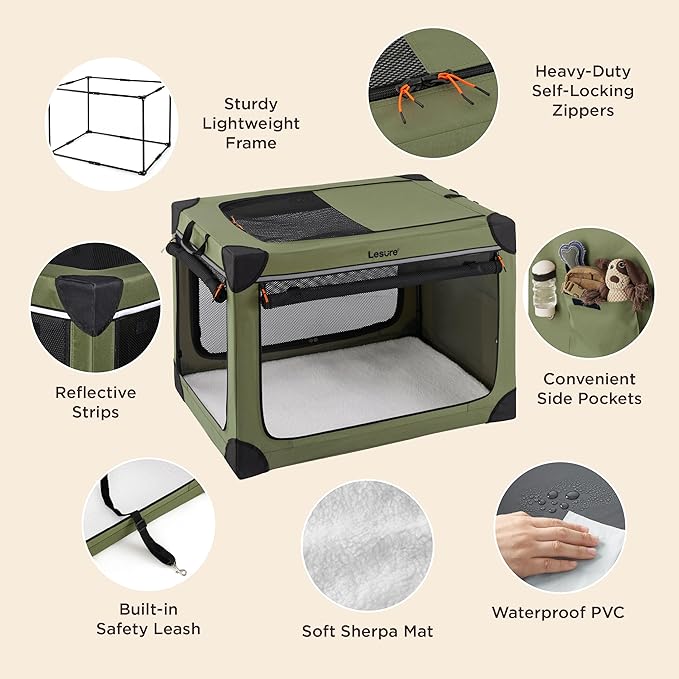 Lesure Soft Collapsible Dog Crate - 42 Inch Portable Travel Crate for Extra Large Dogs Indoor & Outdoor, 4-Door Foldable Pet Kennel with Durable Mesh Windows, Green