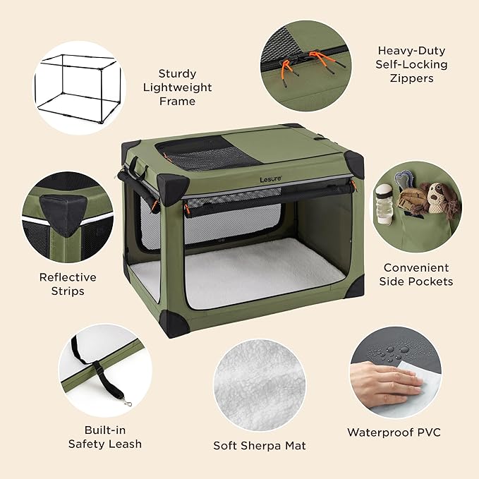 Lesure Soft Collapsible Dog Crate - 30 Inch Portable Travel Crate for Medium Dogs Indoor & Outdoor, 4-Door Foldable Pet Kennel with Durable Mesh Windows, Green