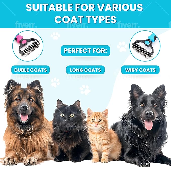 Pet Comb Stainless Steel Double-Sided Shedding Dematting Cat Dog Rake Pet Brush With Stainless Steel Dog Tag,Paw Pet Stainless (BLUE)