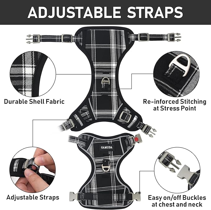GAMUDA Dog Harness Collar and Leash Set, Horse Care Sheets, No Chock No Pull Adjustable Vest Harnesses Plaid Reflective for Medium Dog, Cat, Small Horse, Small Bull and Pig (Black, S)